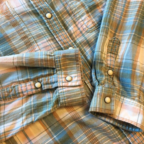 American Eagle Pearl Snap Flannel Shirt Womens Large Green Pink Plaid Western - Picture 4 of 9